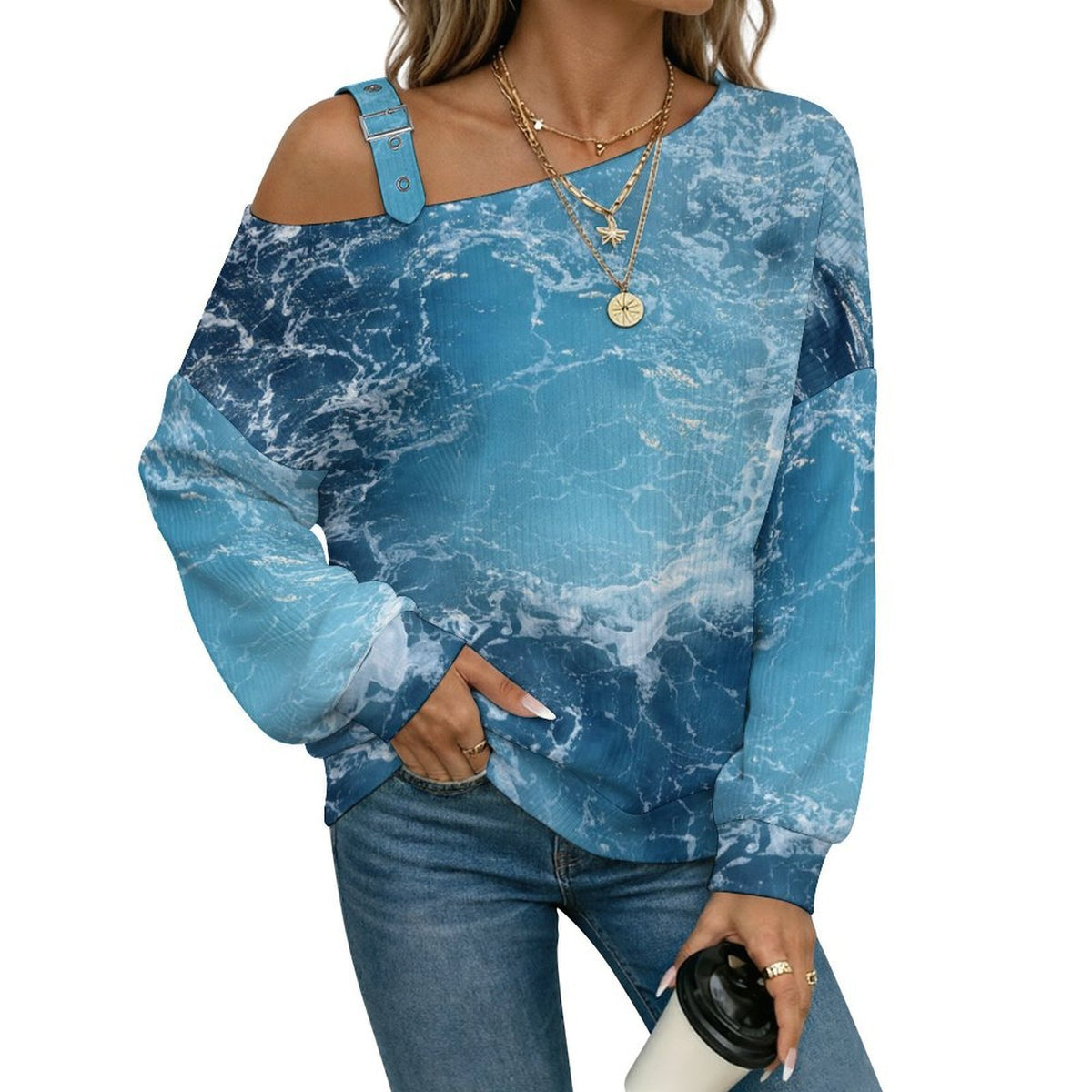 Off-the-shoulder Sweater Waves  Asymmetric Cold Shoulder Knit Sweater for Women, Adjustable Buckle Strap Long Sleeve Casual Slouchy Pullover