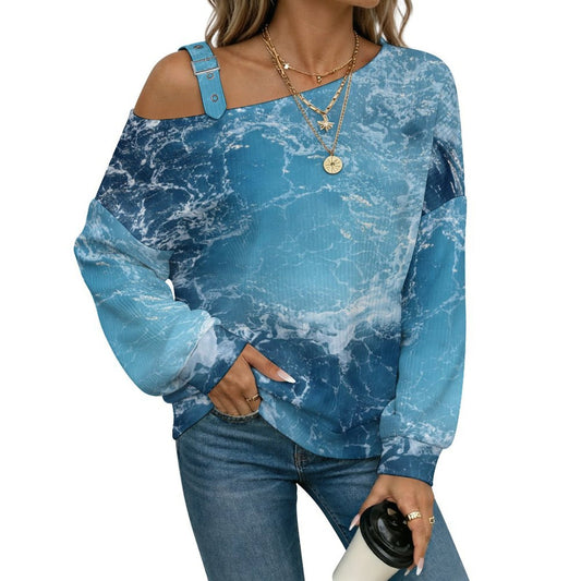 Off-the-shoulder Sweater Waves  Asymmetric Cold Shoulder Knit Sweater for Women, Adjustable Buckle Strap Long Sleeve Casual Slouchy Pullover