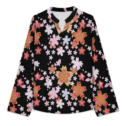 Stand-up Collar Long-sleeved Shirt Black, Pink Cherry Blossoms  Customization Women’s V-Neck Blouses,long Sleeve,Roll-Up Sleeve Shirt
