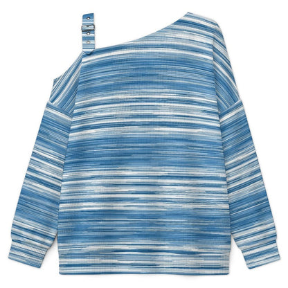 Off-the-shoulder Sweater Blue Stripe  Asymmetric Cold Shoulder Knit Sweater for Women, Adjustable Buckle Strap Long Sleeve Casual Slouchy Pullover