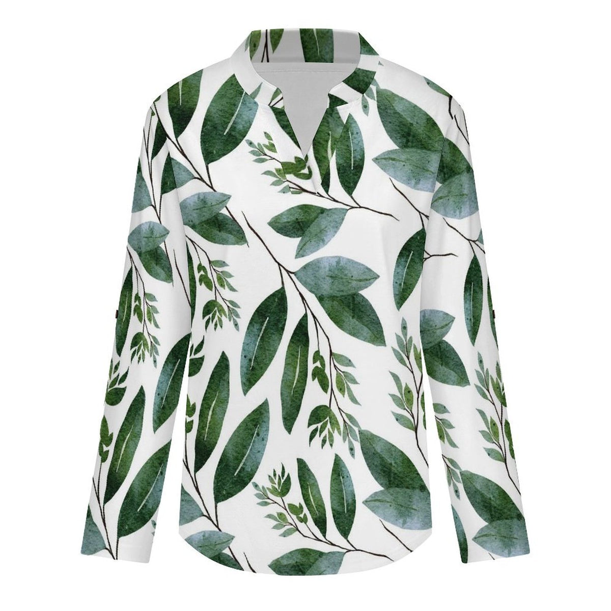 Stand-up Collar Long-sleeved Shirt Plant Pattern Green  Customization Women’s V-Neck Blouses,long Sleeve,Roll-Up Sleeve Shirt