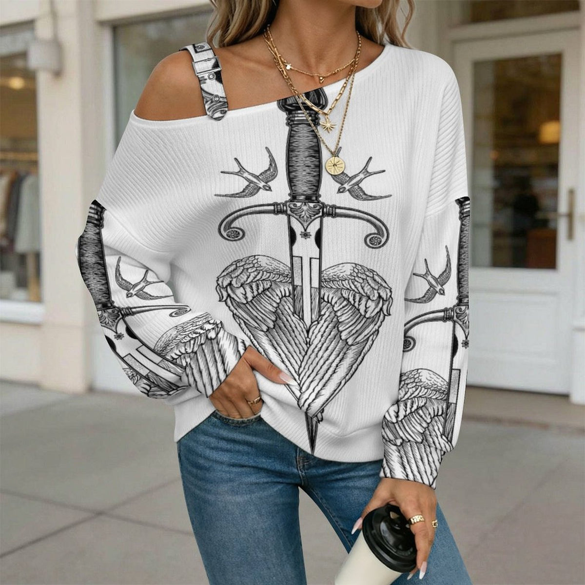 Off-the-shoulder Sweater Wing  Asymmetric Cold Shoulder Knit Sweater for Women, Adjustable Buckle Strap Long Sleeve Casual Slouchy Pullover
