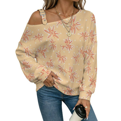 Off-the-shoulder Sweater Floral Pattern  Asymmetric Cold Shoulder Knit Sweater for Women, Adjustable Buckle Strap Long Sleeve Casual Slouchy Pullover