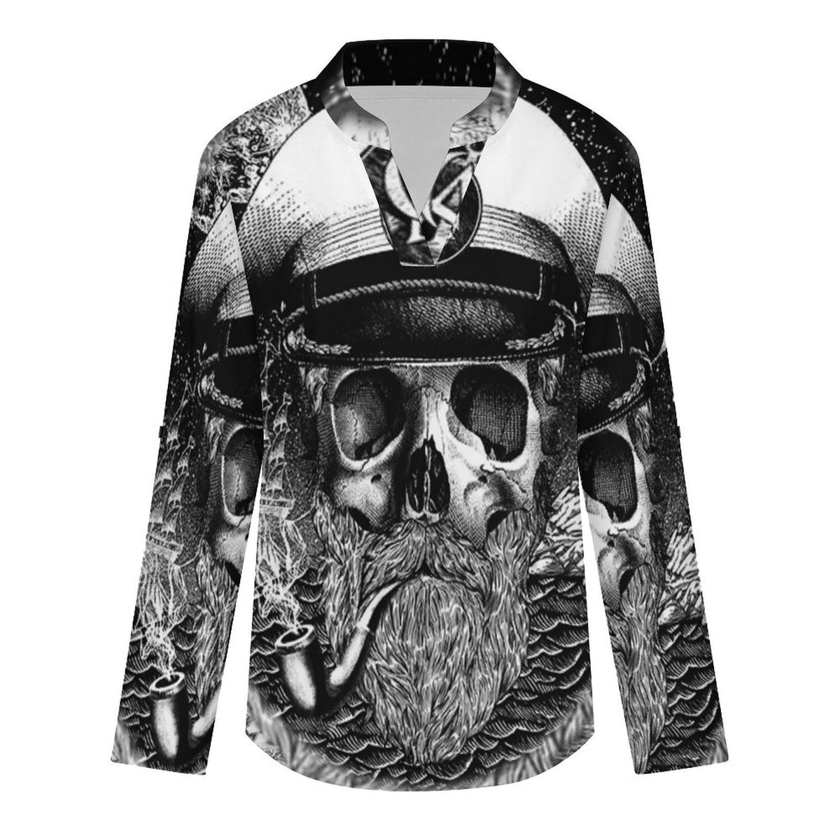 Stand-up Collar Long-sleeved Shirt Pirate Captain Skull  Customization Women’s V-Neck Blouses,long Sleeve,Roll-Up Sleeve Shirt
