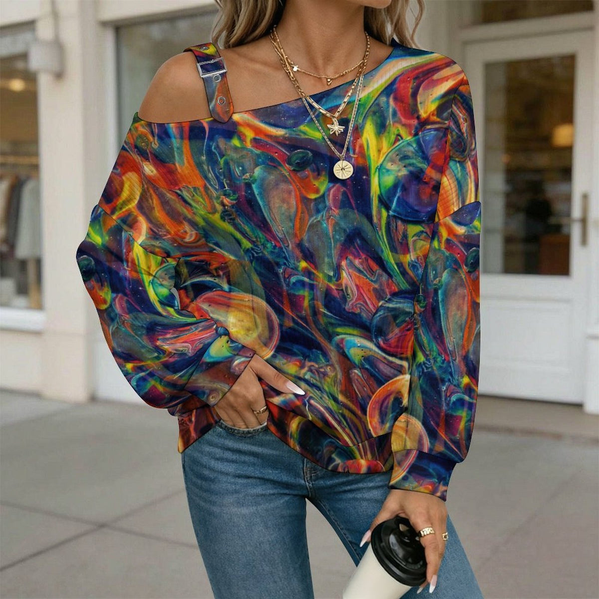 Off-the-shoulder Sweater Color Shading, Pattern, Abstract  Asymmetric Cold Shoulder Knit Sweater for Women, Adjustable Buckle Strap Long Sleeve Casual Slouchy Pullover