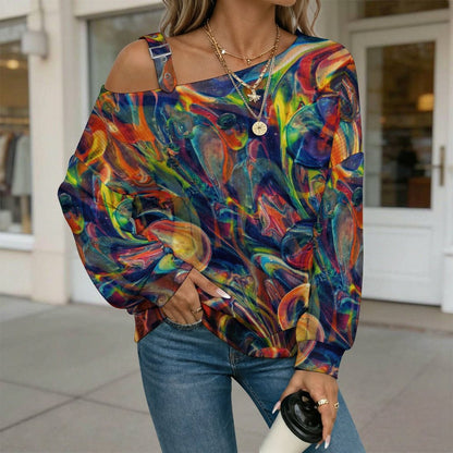 Off-the-shoulder Sweater Color Shading, Pattern, Abstract  Asymmetric Cold Shoulder Knit Sweater for Women, Adjustable Buckle Strap Long Sleeve Casual Slouchy Pullover