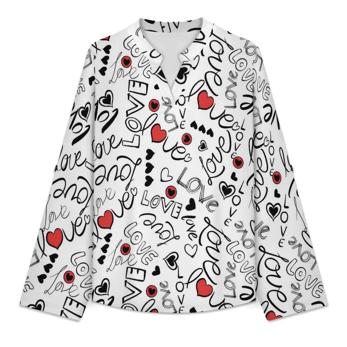 Stand-up Collar Long-sleeved Shirt Love  Customization Women’s V-Neck Blouses,long Sleeve,Roll-Up Sleeve Shirt