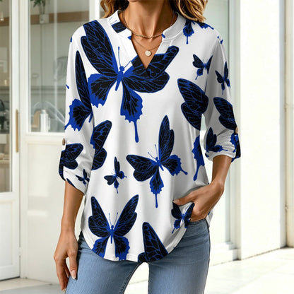 Stand-up Collar Long-sleeved Shirt Butterfly Good Luck Repeat Pattern  Customization Women’s V-Neck Blouses,long Sleeve,Roll-Up Sleeve Shirt