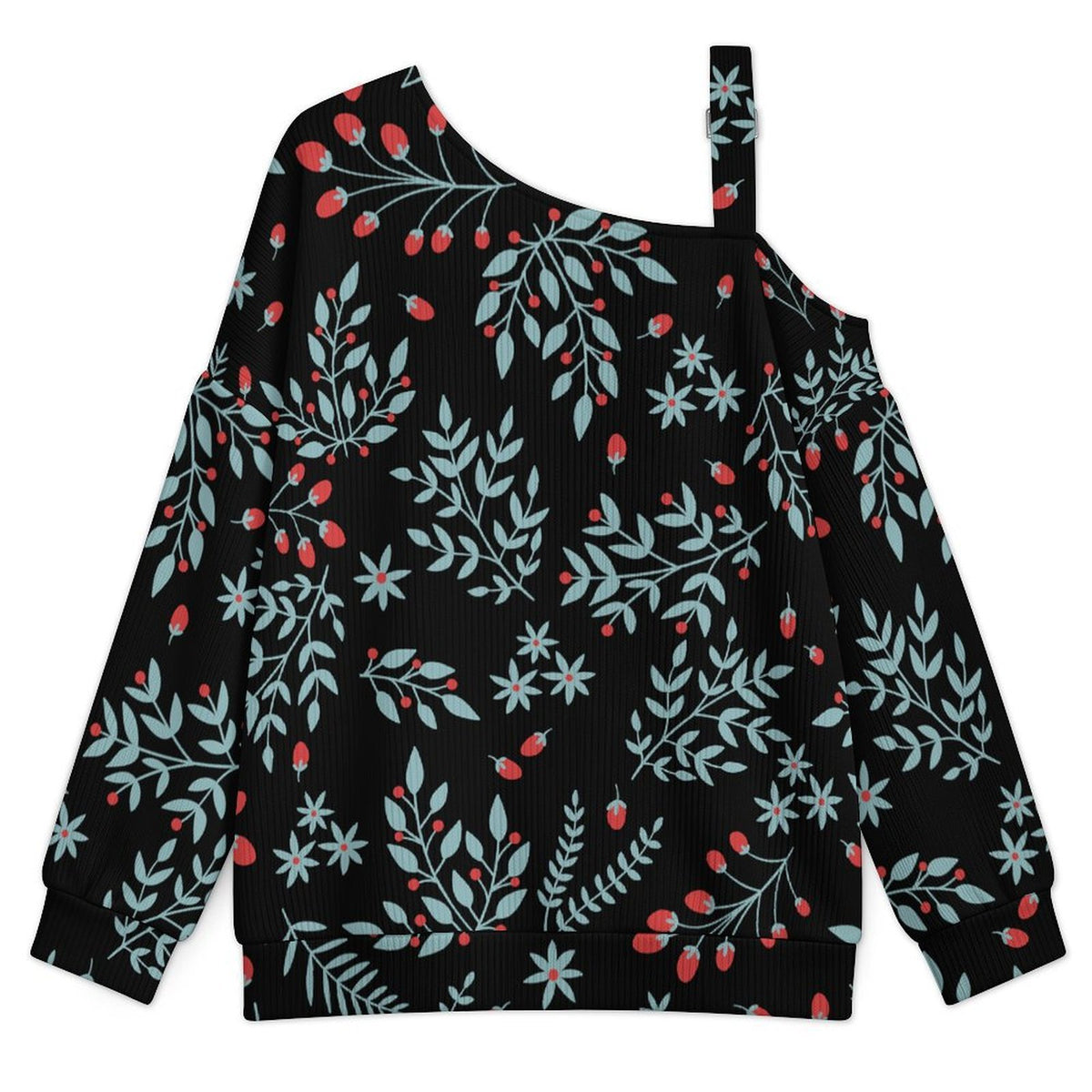 Off-the-shoulder Sweater Repeat - Tile - Leaf - Fruit - Green - Red - Black  Asymmetric Cold Shoulder Knit Sweater for Women, Adjustable Buckle Strap Long Sleeve Casual Slouchy Pullover