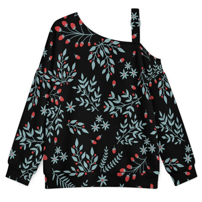 Off-the-shoulder Sweater Repeat - Tile - Leaf - Fruit - Green - Red - Black  Asymmetric Cold Shoulder Knit Sweater for Women, Adjustable Buckle Strap Long Sleeve Casual Slouchy Pullover