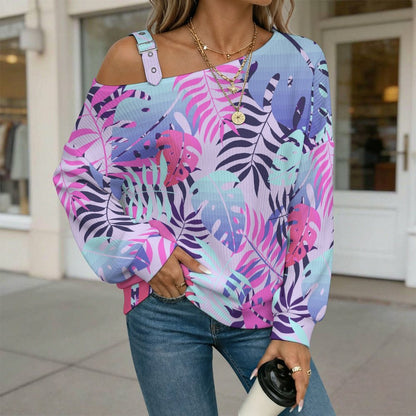 Off-the-shoulder Sweater Tile Pattern-Leaf-Purple-Pink-orange  Asymmetric Cold Shoulder Knit Sweater for Women, Adjustable Buckle Strap Long Sleeve Casual Slouchy Pullover