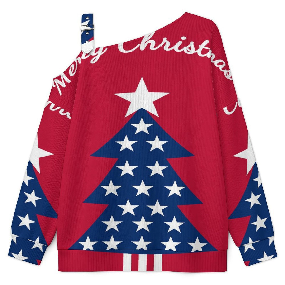 Off-the-shoulder Sweater Christmas Tree Flag of The United States  Asymmetric Cold Shoulder Knit Sweater for Women, Adjustable Buckle Strap Long Sleeve Casual Slouchy Pullover