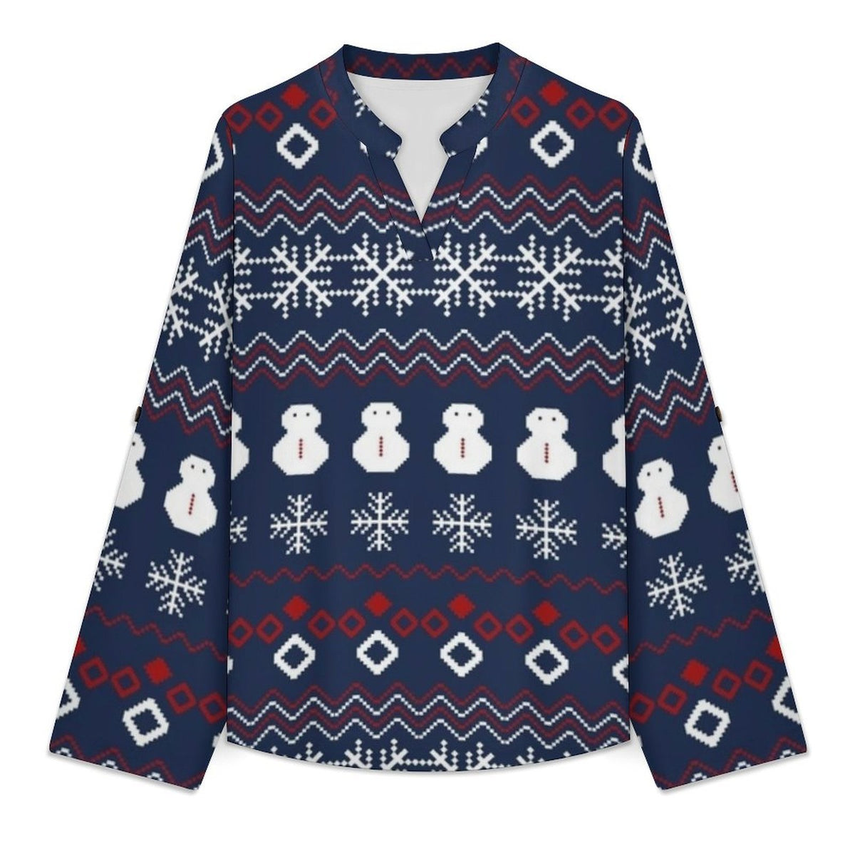 Versatile Notched V-Neck Tunic  Roll Tab 3/4 Sleeve Office Casual Top  Christmas Pattern