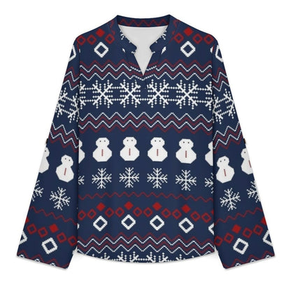 Versatile Notched V-Neck Tunic  Roll Tab 3/4 Sleeve Office Casual Top  Christmas Pattern