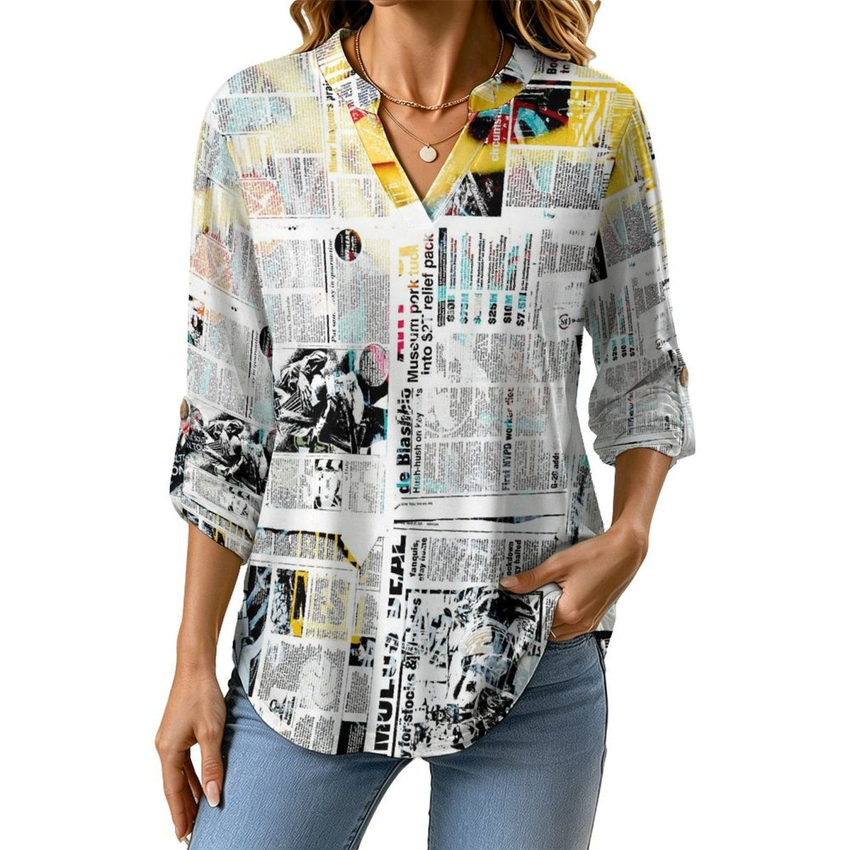 Newspaper  Versatile Notched V-Neck Tunic | Roll Tab 3/4 Sleeve Office Casual Top