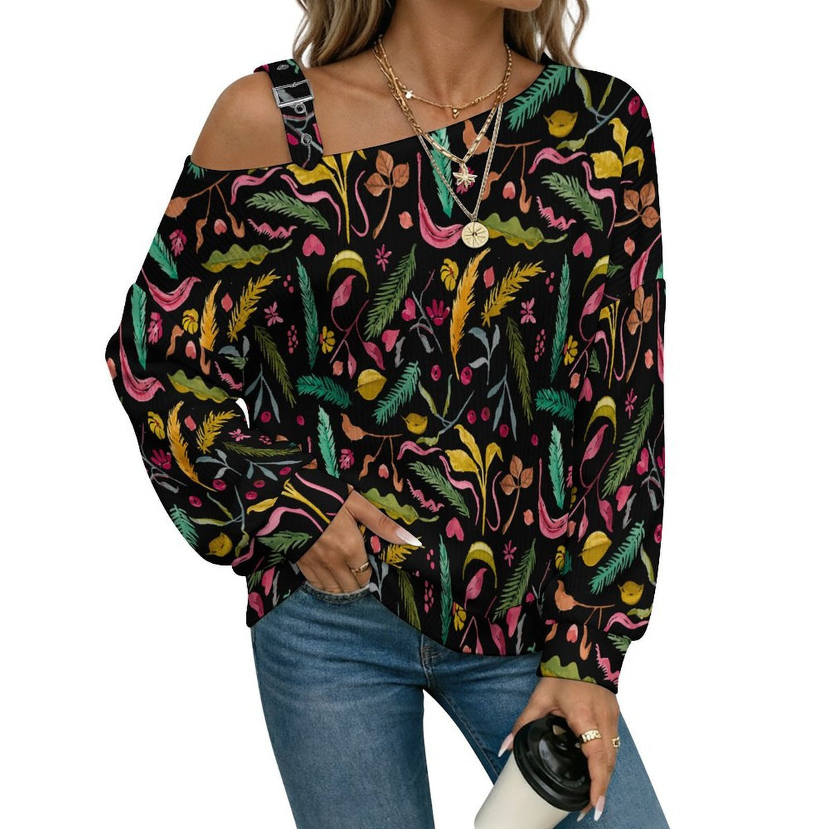 Women’s Off-Shoulder Knit Sweater Black Flower Pattern