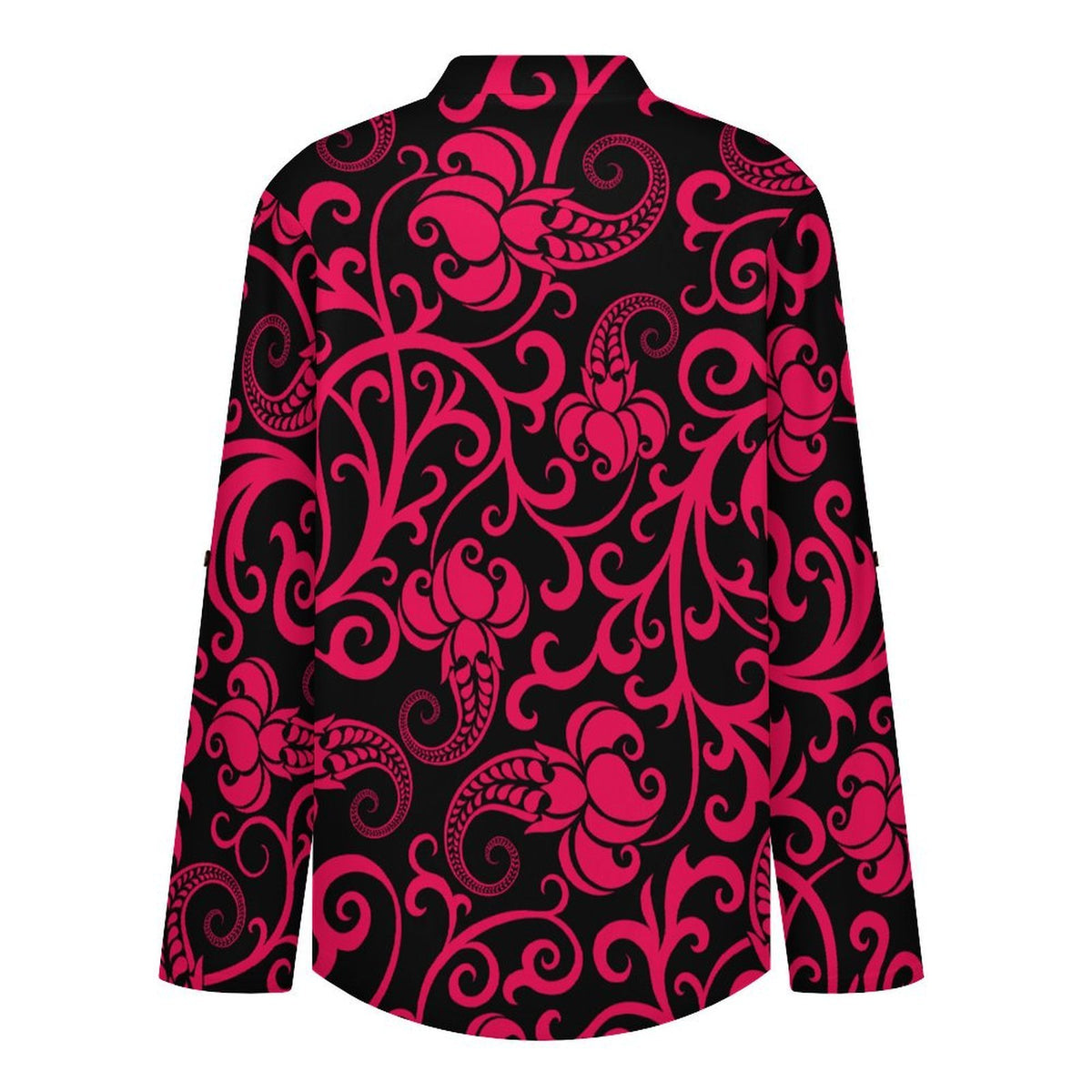 Women Curved Hem V Neck Roll Sleeve Casual Work Top  Repeat Pattern Black