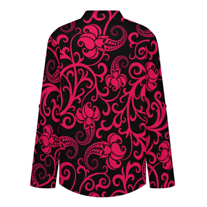 Women Curved Hem V Neck Roll Sleeve Casual Work Top  Repeat Pattern Black