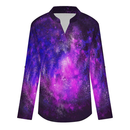 Stand-up Collar Long-sleeved Shirt Purple Starry Sky, Clouds  Customization Women’s V-Neck Blouses,long Sleeve,Roll-Up Sleeve Shirt