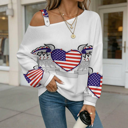 Off-the-shoulder Sweater Heart USA  Asymmetric Cold Shoulder Knit Sweater for Women, Adjustable Buckle Strap Long Sleeve Casual Slouchy Pullover