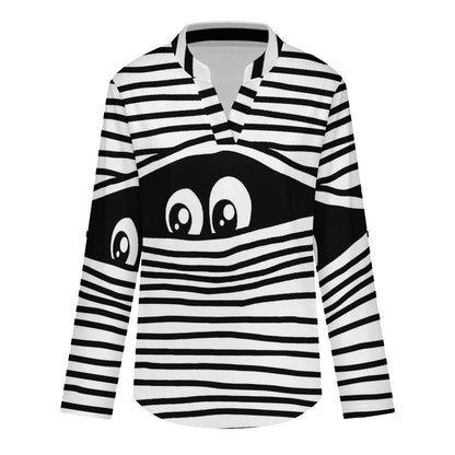 Stand-up Collar Long-sleeved Shirt Line Eye Peek  Customization Women’s V-Neck Blouses,long Sleeve,Roll-Up Sleeve Shirt
