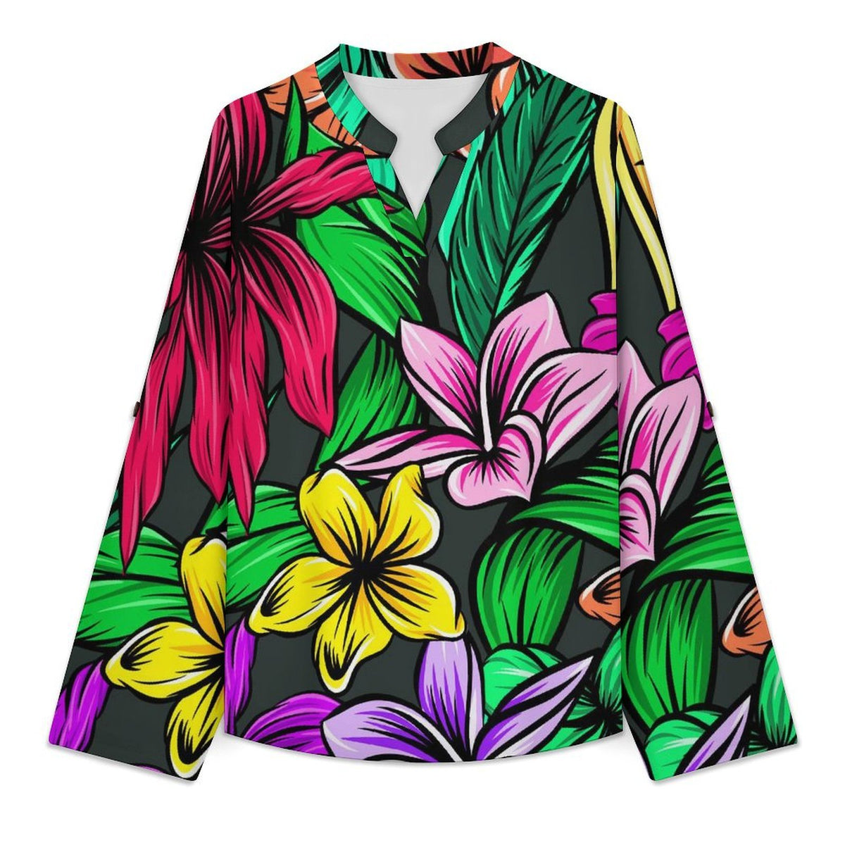 Stand-up Collar Long-sleeved Shirt Colorful Flowers  Customization Women’s V-Neck Blouses,long Sleeve,Roll-Up Sleeve Shirt
