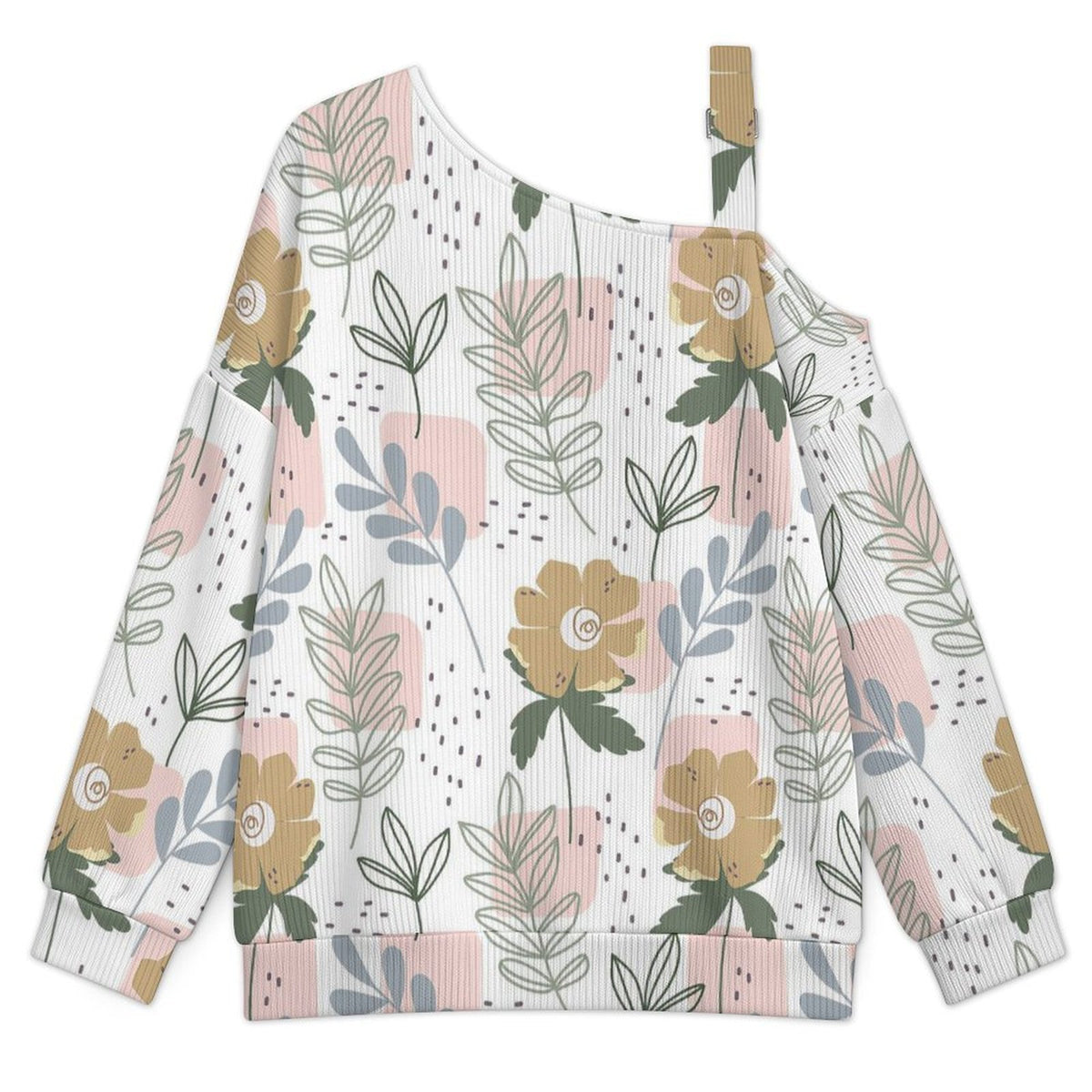 Off-the-shoulder Sweater Floral Pattern  Asymmetric Cold Shoulder Knit Sweater for Women, Adjustable Buckle Strap Long Sleeve Casual Slouchy Pullover