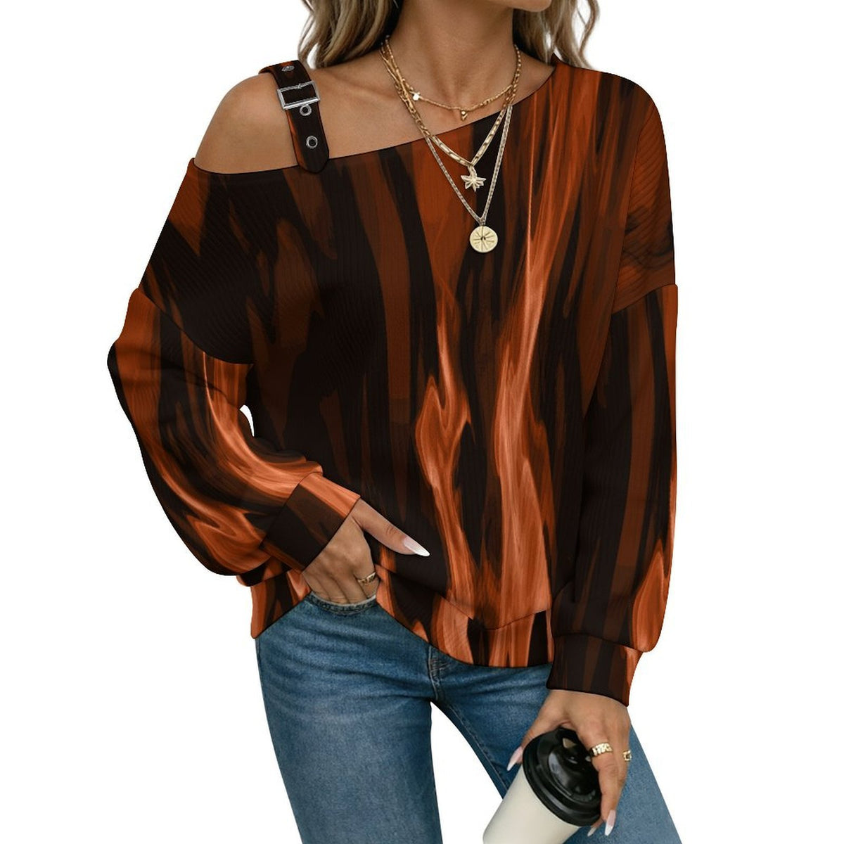 Red Flame, Burning Buckle Strap Asymmetrical Off Shoulder Knit Sweater