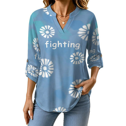 Women's Notched V Neck Tunic Tops, Roll Up 3/4 Sleeve Button Cuff Casual Blouse, Hem Loose Work Shirts  Tie-dyed Blue Daisy