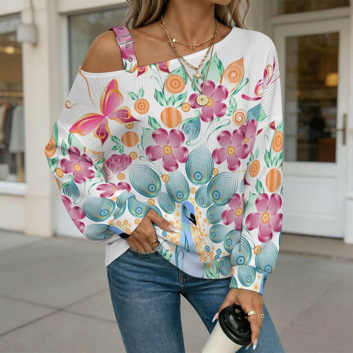 Buckle Strap Asymmetrical Off Shoulder Knit Sweater Peacock Butterfly Flower