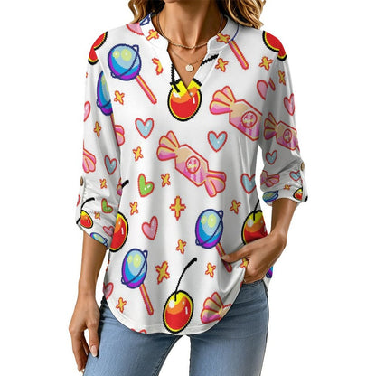 Stand-up Collar Long-sleeved Shirt Pixel Food  Customization Women’s V-Neck Blouses,long Sleeve,Roll-Up Sleeve Shirt