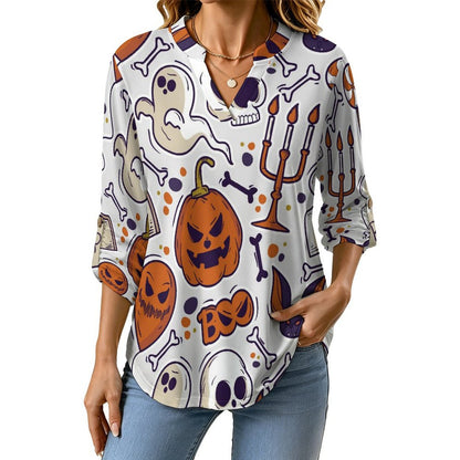 Stand-up Collar Long-sleeved Shirt Halloween, Ghosts, Pumpkins  Customization Women’s V-Neck Blouses,long Sleeve,Roll-Up Sleeve Shirt