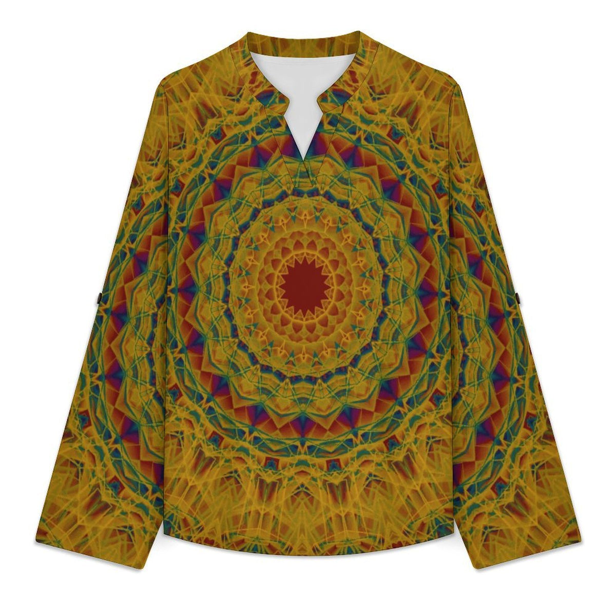 Stand-up Collar Long-sleeved Shirt Retro Pattern, Background  Customization Women’s V-Neck Blouses,long Sleeve,Roll-Up Sleeve Shirt