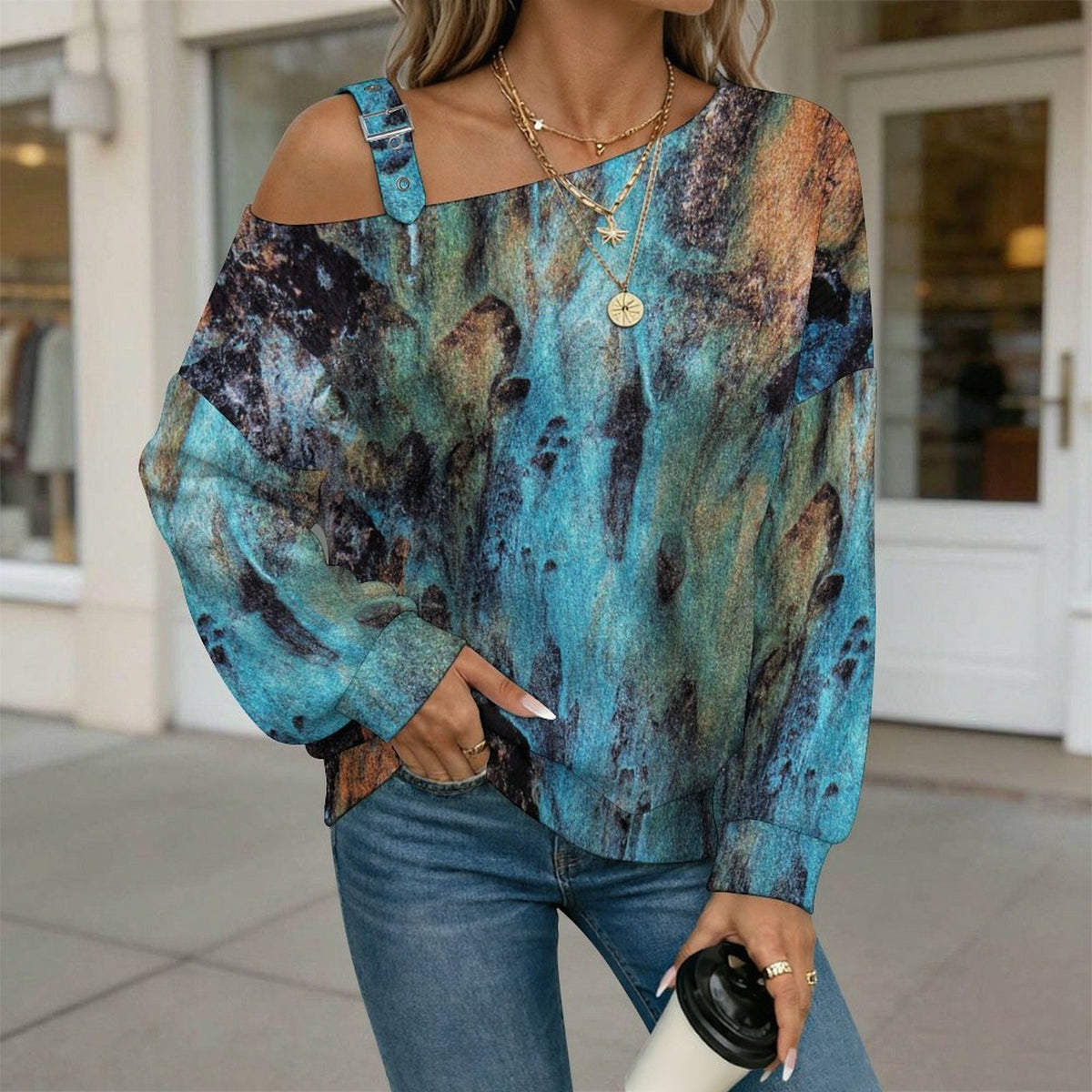 Off-the-shoulder Sweater Pattern  Asymmetric Cold Shoulder Knit Sweater for Women, Adjustable Buckle Strap Long Sleeve Casual Slouchy Pullover