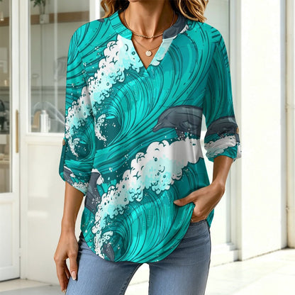 Stand-up Collar Long-sleeved Shirt Dolphins, Waves  Customization Women’s V-Neck Blouses,long Sleeve,Roll-Up Sleeve Shirt