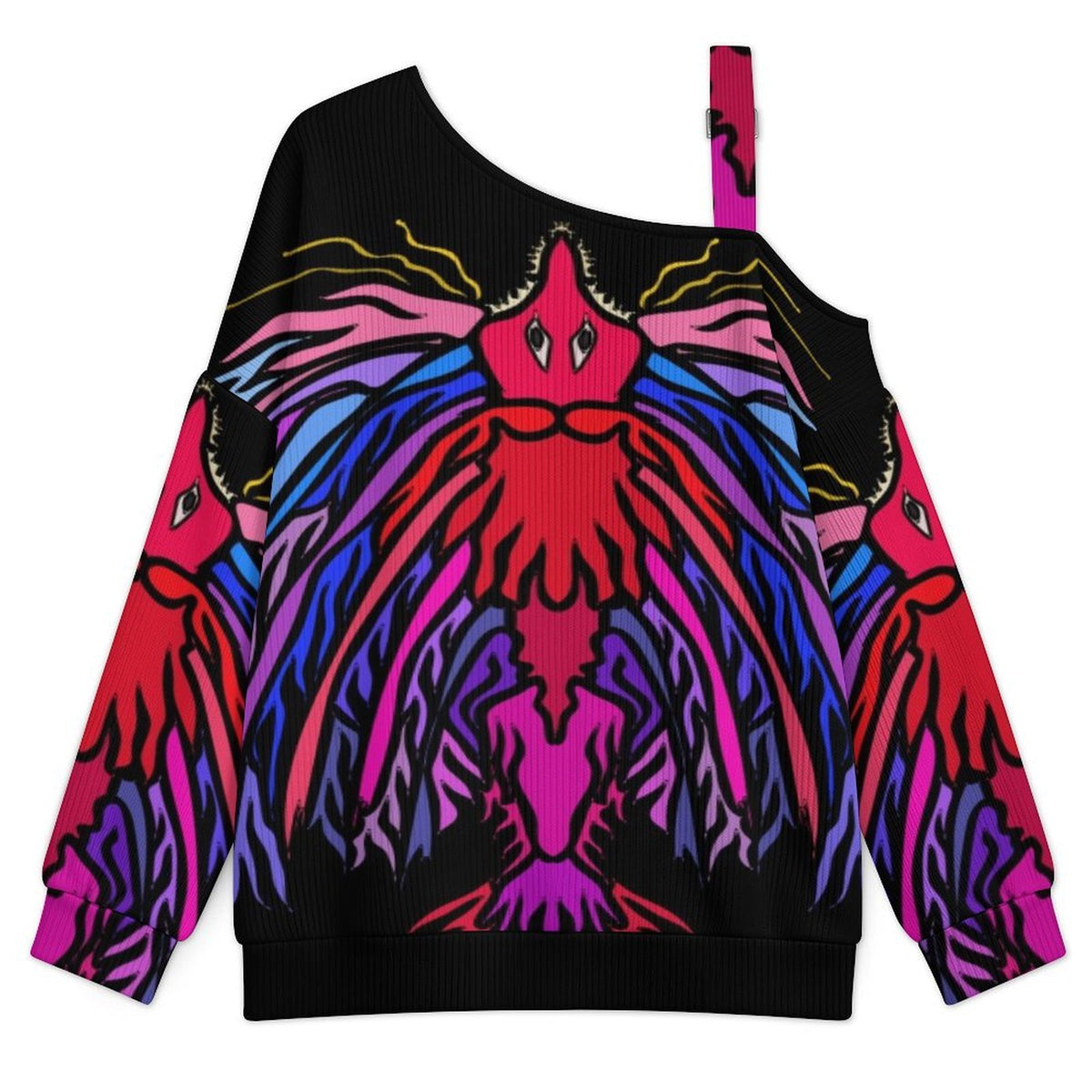Off-the-shoulder Sweater Abstract Animal Pattern  Asymmetric Cold Shoulder Knit Sweater for Women, Adjustable Buckle Strap Long Sleeve Casual Slouchy Pullover