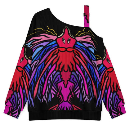 Off-the-shoulder Sweater Abstract Animal Pattern  Asymmetric Cold Shoulder Knit Sweater for Women, Adjustable Buckle Strap Long Sleeve Casual Slouchy Pullover