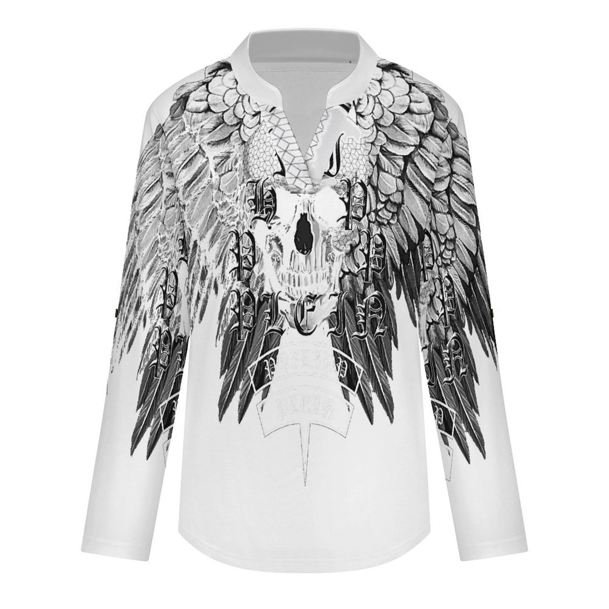 Stand-up Collar Long-sleeved Shirt Skull, Wings  Customization Women’s V-Neck Blouses,long Sleeve,Roll-Up Sleeve Shirt