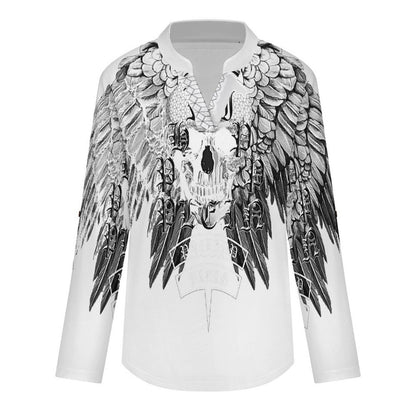 Stand-up Collar Long-sleeved Shirt Skull, Wings  Customization Women’s V-Neck Blouses,long Sleeve,Roll-Up Sleeve Shirt