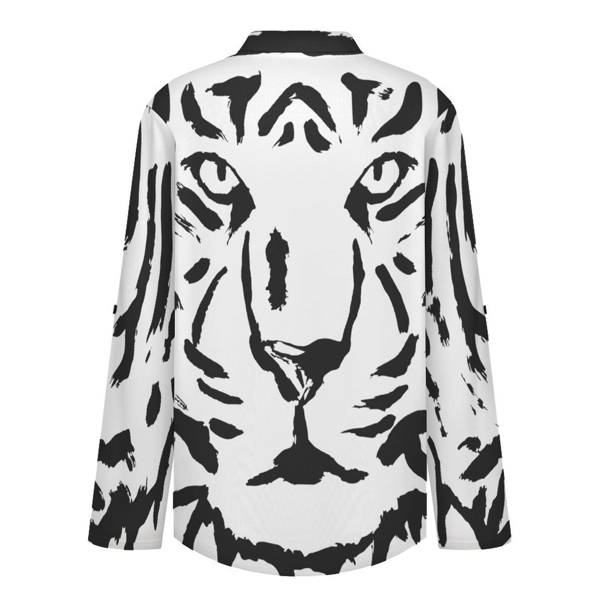 Stand-up Collar Long-sleeved Shirt Tiger, Retro Pattern  Customization Women’s V-Neck Blouses,long Sleeve,Roll-Up Sleeve Shirt