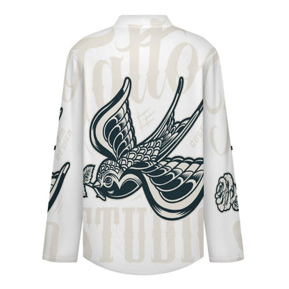Stand-up Collar Long-sleeved Shirt Birds, Flowers, Transmission  Customization Women’s V-Neck Blouses,long Sleeve,Roll-Up Sleeve Shirt