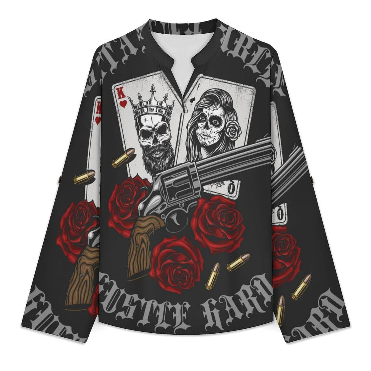 Stand-up Collar Long-sleeved Shirt Halloween, Poker, Skeletons  Customization Women’s V-Neck Blouses,long Sleeve,Roll-Up Sleeve Shirt