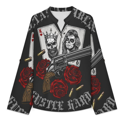 Stand-up Collar Long-sleeved Shirt Halloween, Poker, Skeletons  Customization Women’s V-Neck Blouses,long Sleeve,Roll-Up Sleeve Shirt