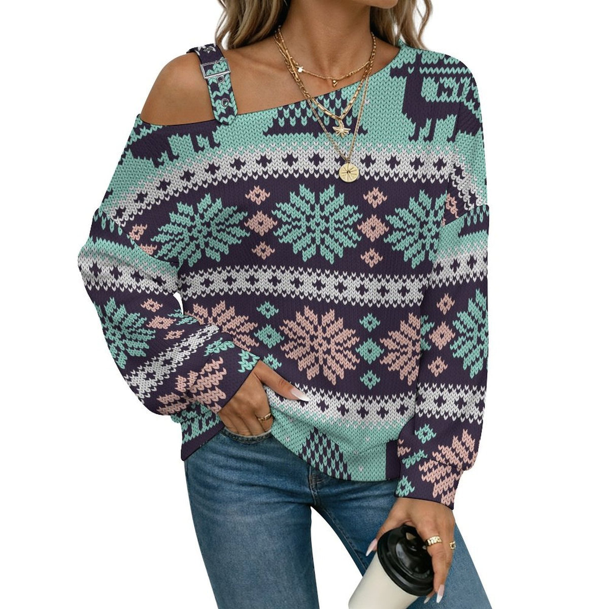 Off-the-shoulder Sweater European Retro Pattern  Asymmetric Cold Shoulder Knit Sweater for Women, Adjustable Buckle Strap Long Sleeve Casual Slouchy Pullover