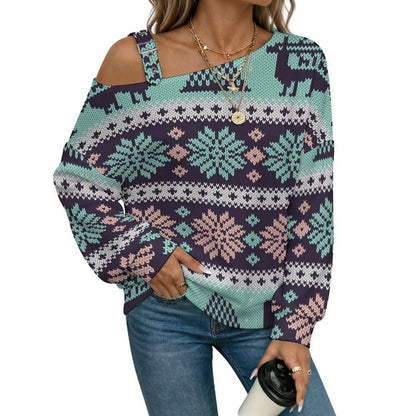 Off-the-shoulder Sweater European Retro Pattern  Asymmetric Cold Shoulder Knit Sweater for Women, Adjustable Buckle Strap Long Sleeve Casual Slouchy Pullover