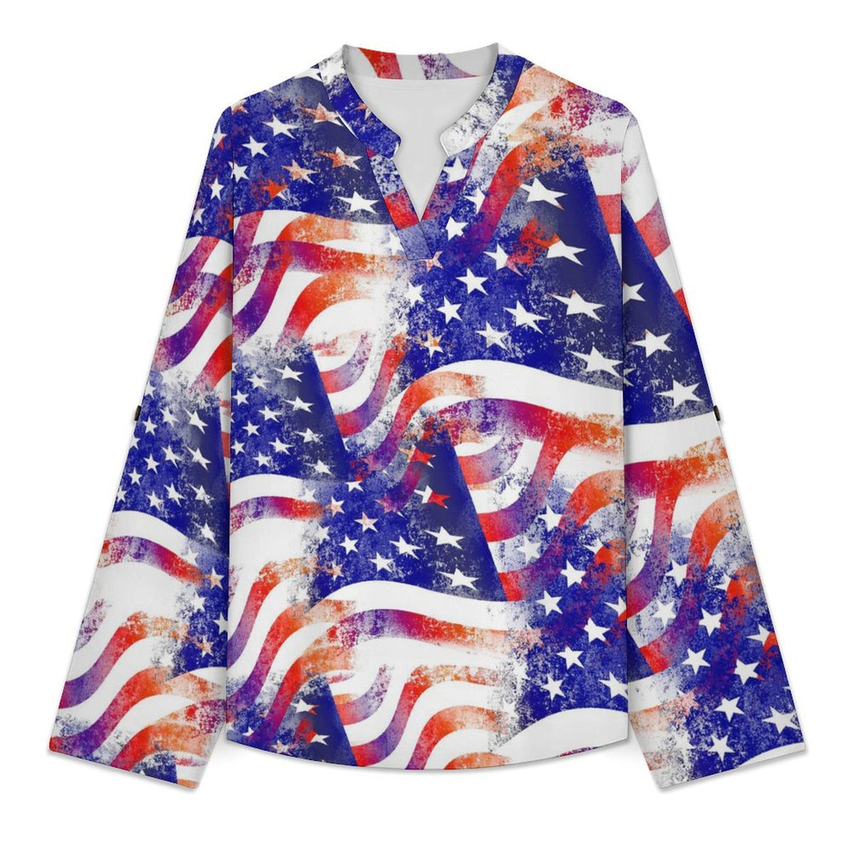 Stand-up Collar Long-sleeved Shirt Many American Flags Intertwined  Customization Women’s V-Neck Blouses,long Sleeve,Roll-Up Sleeve Shirt