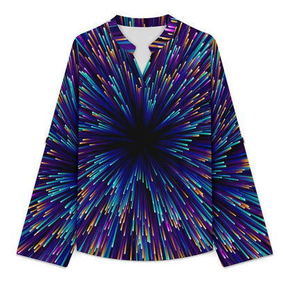 Stand-up Collar Long-sleeved Shirt Light Spot Background  Customization Women’s V-Neck Blouses,long Sleeve,Roll-Up Sleeve Shirt