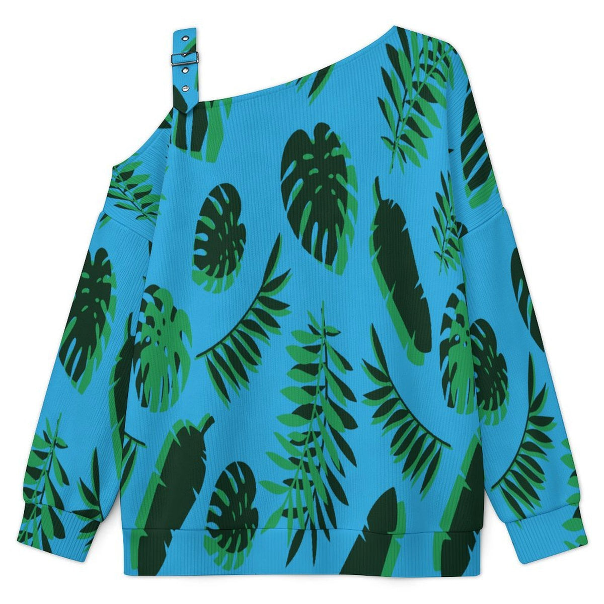 Fall Casual Asymmetric Shoulder Knit Top with Buckle Detail Blue Background, Green Leaves