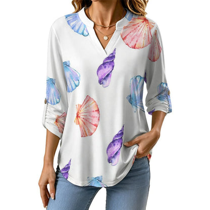 Stand-up Collar Long-sleeved Shirt Shell-blue-full Print-T-shirt-phone Case  Customization Women’s V-Neck Blouses,long Sleeve,Roll-Up Sleeve Shirt