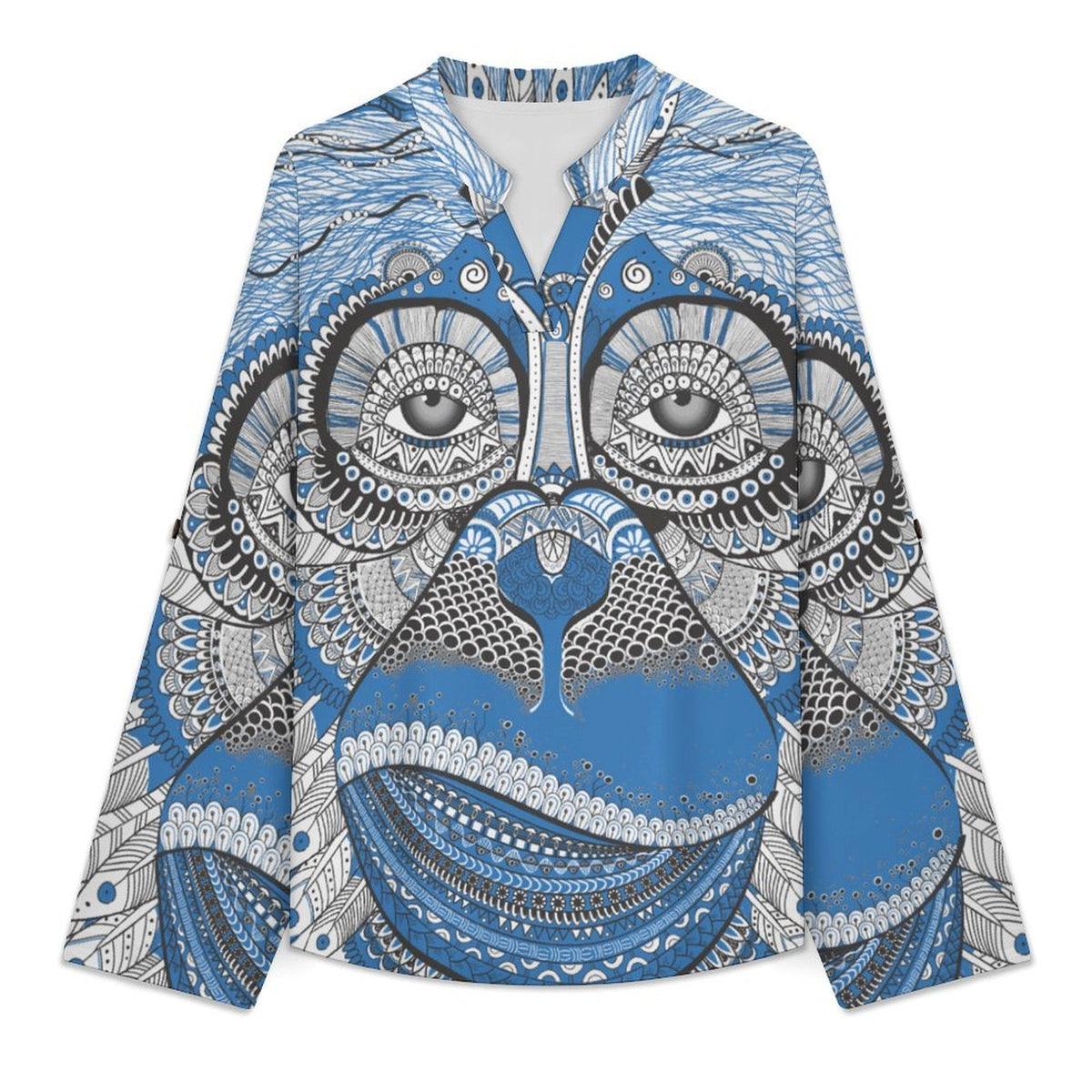 Stand-up Collar Long-sleeved Shirt Blue, Monkey  Customization Women’s V-Neck Blouses,long Sleeve,Roll-Up Sleeve Shirt